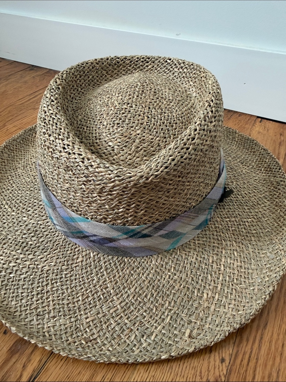 Scala Woven Straw hat  Gambler style with Plaid Band - Natural